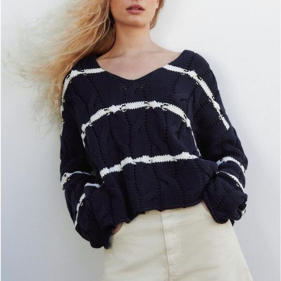 Zara - Striped Cropped Cable Knit Sweater - size L - Picture 9 of 10